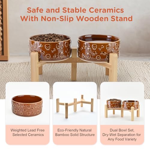 SPUNKYJUNKY Elevated Dog Bowls Ceramic, 6.1'' Dogs and Cat Food Water Bowls Raised with Non-Slip Bamboo Stand for Medium Sized Breed Microwave Dishwasher Safe - 28.7 OZ,Skull Bronze - color: Bronze - Skull, size: 6.1 in - 3.6 cups