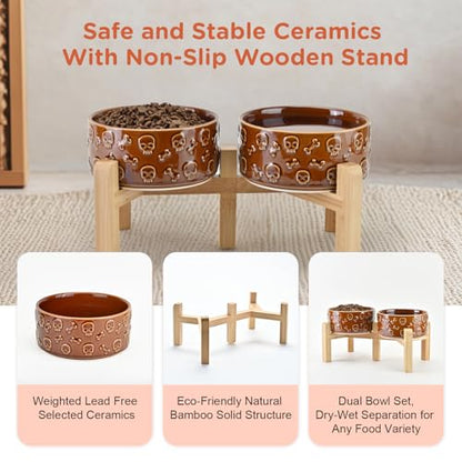 SPUNKYJUNKY Elevated Dog Bowls Ceramic, 6.1'' Dogs and Cat Food Water Bowls Raised with Non-Slip Bamboo Stand for Medium Sized Breed Microwave Dishwasher Safe - 28.7 OZ,Skull Bronze - color: Bronze - Skull, size: 6.1 in - 3.6 cups