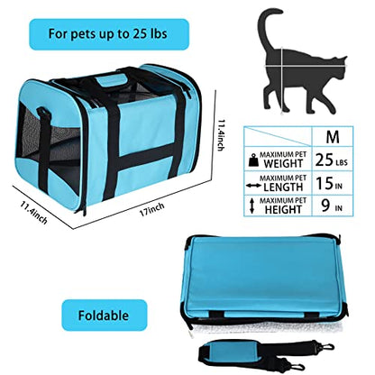 Cat Carrying Case - Pet Carrier Airline Approved, Protable and Breathable Pet Travel Carrier Removable Fleece Pad, Collapsible Cat Carrier Dog Carrier for Medium Cats Small Cats Dogs(Medium, Blue) - color: blue, size: 17.0"L x 11.0"W x 11.0"H