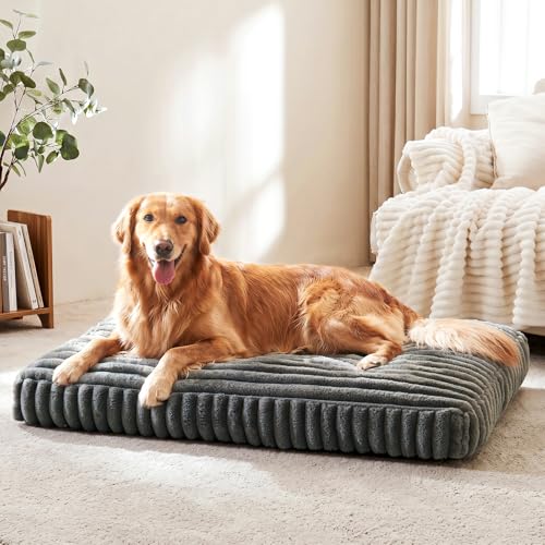 Dog Bed for Large Dogs, Orthopedic Dog Beds Washable with Removable Cover, Extra Thick Crate Bed Pet Mat with Shredded Chopped Foam & Anti-Slip Bottom, 35"x23"x4", Grey - color: Grey, size: L(35"x23"x4")