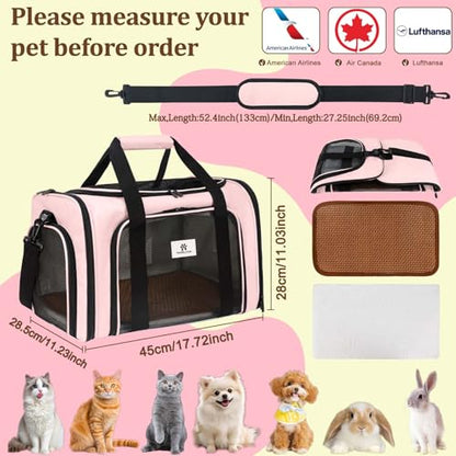 Cat Carrier Dog Carrier - Soft-Sided Cat Carrier with Plush Pad & Cooling Mat, Easy-Load 4-Side Zipper & 3-Side Mesh Ventilation, Pet Carrier Airline Approved for Cats/Dogs Up to 16 lbs, Pink - color: Pink