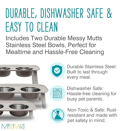 Messy Mutts Elevated Double Feeder with Stainless Bowls | Adjustable Height 3”, 5”, or 10” | Adjustable Standing Feeder for Dogs | 5 Cups per Bowl | Dark Grey - color: Dark Grey
