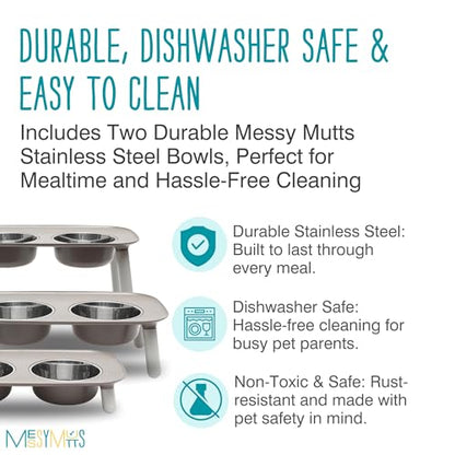 Messy Mutts Elevated Double Feeder with Stainless Bowls | Adjustable Height 3”, 5”, or 10” | Adjustable Standing Feeder for Dogs | 5 Cups per Bowl | Dark Grey - color: Dark Grey