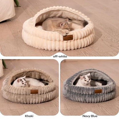CHEERPALS Cat Cave Bed for Indoor Cats, Washable Covered Cat Bed Hooded Kitty Bed Soft Fluffy Pet Bed for Puppy and Small Dog(White) - color: White