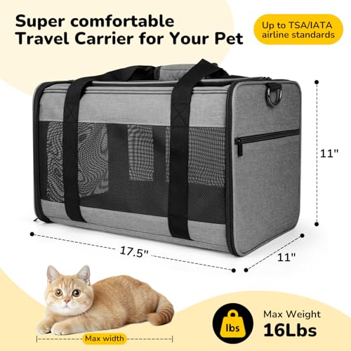 Hipubby Cat Carrier Dog Carrier for Pets Up to 16 Lbs, Soft-Sided Pet Travel Carrier for Cats and Small Dogs, Airline Approved Pet Carrying Case with Shoulder Strap & Removable Mat - Grey - color: Grey