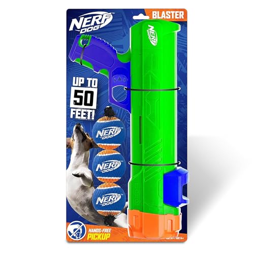 Nerf Dog Tennis Ball Blaster Dog Toy Gift Set, Tennis Ball Dog Fetch Toy Launches up to 50 ft, Dog Ball Thrower for All Breeds Includes Green Tennis Ball Launcher and 3 Dog Tennis Balls - size: 16 in Compact Blaster with 3 Balls
