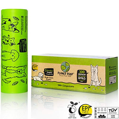 PLANET POOP Home Compostable Dog Poop Bags, Large Single Roll 300 Grab & Go, for Dogs Un-Scented Dog Waste Bags, Thick Leakproof Doggy Cat Bag, Plant-Based Pet Supplies - size: 300 Count (Pack of 1)