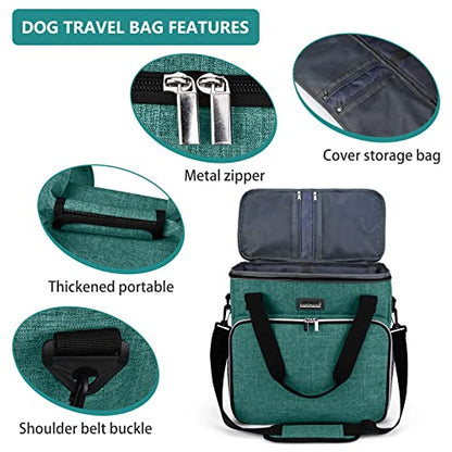 BAGLHER Pet Travel Set Airline-Approved Carrier for Small/Medium Cats & Dogs + Travel Bag with Food Containers & Silicone Bowls, Grey & Green - color: Green, size: Medium