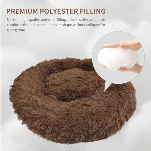 Deluxe Calming Dog Bed for Small Medium Dogs & Cats - Anti-Anxiety Donut Cuddler Cozy Warm Soft Fluffy Faux Fur Round Beds Sizes 20" Puppy Bed (Khaki, X-Small)