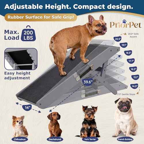 Dog Ramp for Couch – Non-Slip, Sturdy Build Foldable Wooden Dog Ramp – Supports up to 200 lbs – 7 Adjustable Heights (14"–20.5") – Enhanced Stability – Birchwood Pet Ramp for Small Dogs – Gray - color: Gray