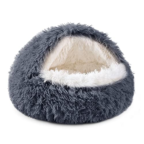 NOYAL Round Hooded Donut Dog Bed for Small & Medium Pets - Plush Fluffy Anti-Anxiety Cat Cave Bed with Cover - color: Dark grey, size: Medium 23.6''