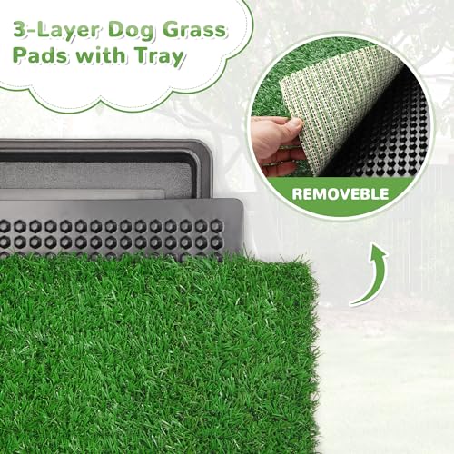 COZIWOW Fake Grass Pee Pad for Dogs, 25" x 20" Indoor Grass Potty for Dogs, Reusable Dog Pet Loo with Tray & Extra 2 PCS 23" x 18" Artificial Grass Training Pads, Portable Dog Litter Box Outdoor