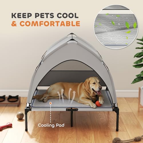 PawHut Elevated Dog Bed with Cooling Pad, Raised Outdoor Pet Bed with Removable Canopy, Breathable Mesh, Storage Bag, Portable Pet Cot for Indoor Outdoor Large Dogs, 36" x 29.5" x 35", Light Gray - size: 3' L x 2.5' W x 2.9' H