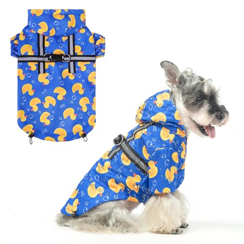 BEAUTYZOO Dog Raincoat Hooded with Harness Built-in, Slicker Poncho, Waterproof Dog Rain Coat for Winter Rainy Snowy Days, Yellow Duck, XS - color: Duck Blue, size: XS(Back 10.5", Chest 16.9", Neck 12")