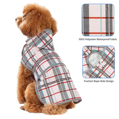 Dog Raincoat, Waterproof Dog Rain Jacket with Hood, Adjustable Rain Coat Poncho with Reflective Strips & Leash Hole for Large Medium Small Dogs Puppies, Lightweight Pet Clothes - color: Khaki Plaid, size: Small