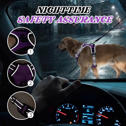 Funfox No Pull Dog Harness, Adjustable Pet Vest with Control Handle & Front Clip, Reflective Design for Small Medium Large XL Dogs, Purple XL - color: Purple, size: XL