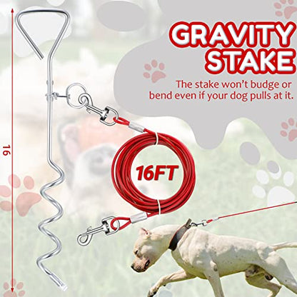Amylove 2 Pcs Dog Tie Out Cable and Stake, 16 ft Outside Leash Cable Chain for Medium to Large Dog up to 125 Lbs, 18'' Heavy Duty Reflective Spiral Stake for Yard Camping Running Play(Red) - color: Red