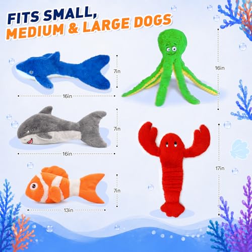 No Stuffing Squeaky Crinkle Dog Toys, 5-Pack Ocean Animal Plush Set | For puppies and small, medium & large dogs | full-body crinkle and squeaker in every toy | easy to carry, toss and shake - color: Ocean