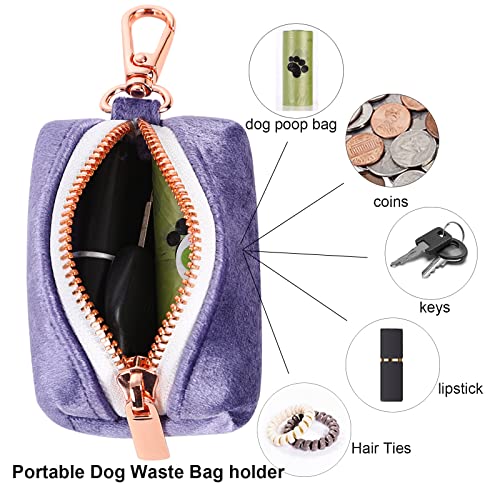 ARING PET Dog Waste Bag Dispenser, Velvet Doggy Poop Bags Holders Attach to Any Leashes, Purple Portable Washable Pet Waste Pouch Dispenser with Metal Zipper - color: A:Purple