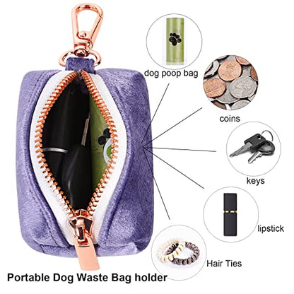 ARING PET Dog Waste Bag Dispenser, Velvet Doggy Poop Bags Holders Attach to Any Leashes, Purple Portable Washable Pet Waste Pouch Dispenser with Metal Zipper - color: A:Purple