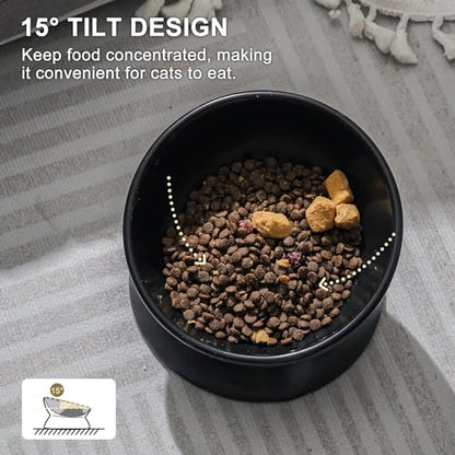 YauYik Ceramic Raised Cat Bowl - Cat Food Bowl Elevated Tilted for Short Leg Cats and Small Dogs - 6 Inches Whisker Friendly Pet Bowl Dish, Reduce Neck Burden Feeding Bowl, Black, 10 Oz