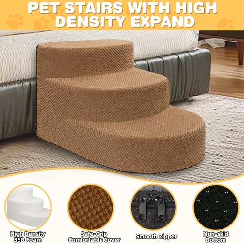 Dog Stairs 3 Steps Foam Pet Ramp for Small Dogs Cats, Khaki | Non-slip foam stairs with washable cover, ideal for beds & sofas. Sturdy, safe & easy to clean. - color: Khaki-3-Step