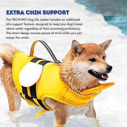 Dog Life Jacket with Cute Bee Design, Extra Chin Support, Reflective Accents and Strong Rescue Handle with Safety Leash Attachment