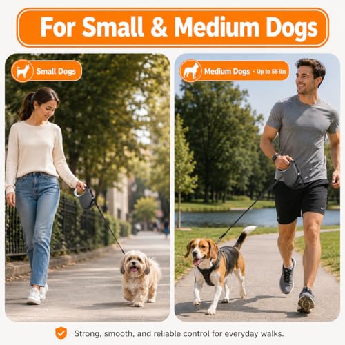 Retractable Dog Leash 16FT for Small & Medium Dogs up to 55 lbs – Tangle-Free 360° Swivel, One-Hand Dual Brake & Lock, Comfortable Anti-Slip Grip for Safe Daily Walks