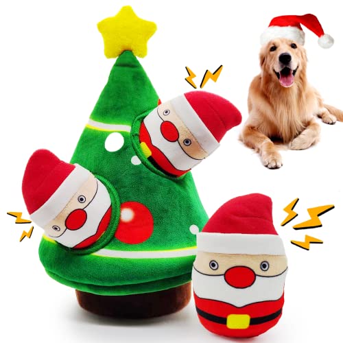 lilfrd Christmas Dog Toys, 4 Pack Santa Xmas Tree Hide Seek Squeaky Toy | Lovely Christmas seasonal treat, suitable for small and medium breeds - style: Christmas Tree & Santa