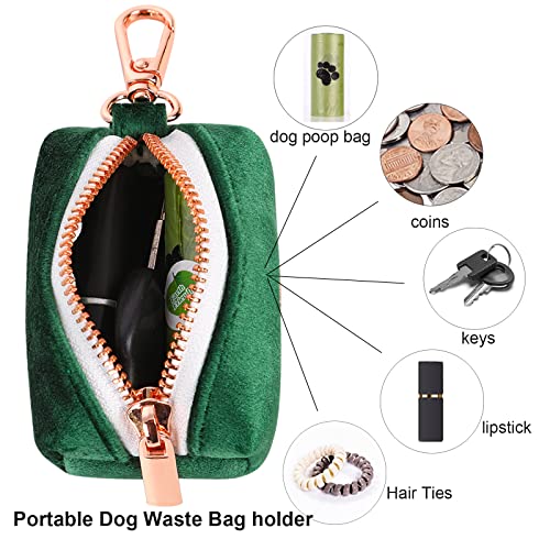 ARING PET Dog Poop Bag Holder, Velvet Doggy Waste Bag Dispenser Attach to Any Leashes, Dark Green Portable Washable Pet Waste Pouch Dispenser with Metal Zipper - color: A:Dark green