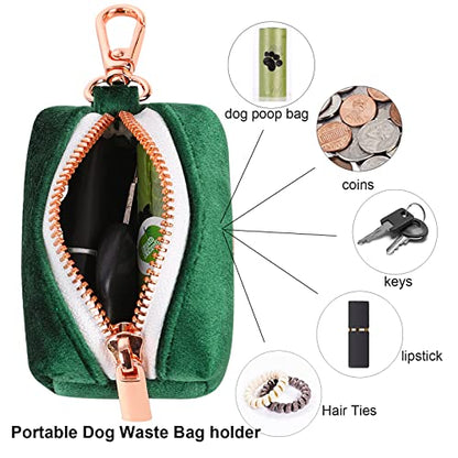 ARING PET Dog Poop Bag Holder, Velvet Doggy Waste Bag Dispenser Attach to Any Leashes, Dark Green Portable Washable Pet Waste Pouch Dispenser with Metal Zipper - color: A:Dark green