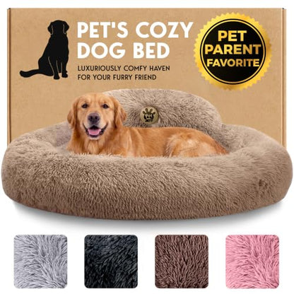 PetJett Large Dog Bed - 36'' Calming Donut Dog Beds, Anti-Slip & Washable Large Round Bed, Fluffy Faux Fur Pet Bed, Super Soft Anti-Anxiety Premium Comfort Bed, Fits Dogs up to 80 lbs - Beige - color: Beige, size: Large - 36”L x 36”W x 8”Th