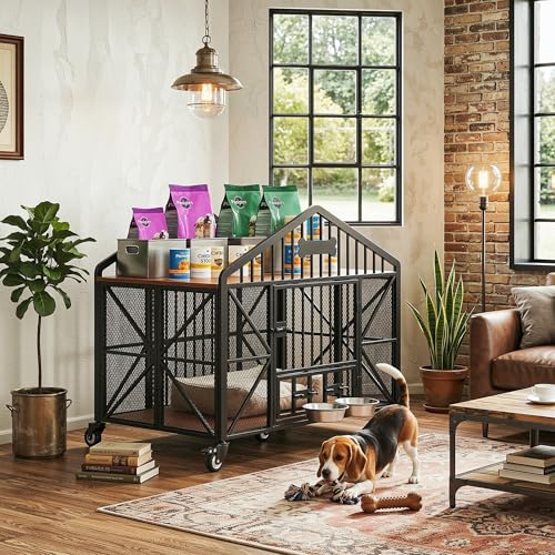 IRONCK 41.5" Foldable Dog Crate Furniture, No Assembly Required Dog Kennel Indoor with 5 Wheels, Wooden Dog Cage with 2 Rotatable Dog Bowls & Name Tag for Small/Medium Dogs, Rustic Brown