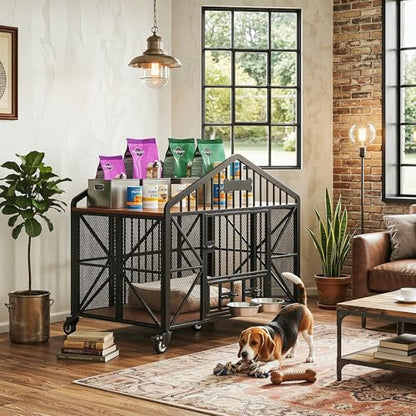 IRONCK 41.5" Foldable Dog Crate Furniture, No Assembly Required Dog Kennel Indoor with 5 Wheels, Wooden Dog Cage with 2 Rotatable Dog Bowls & Name Tag for Small/Medium Dogs, Rustic Brown