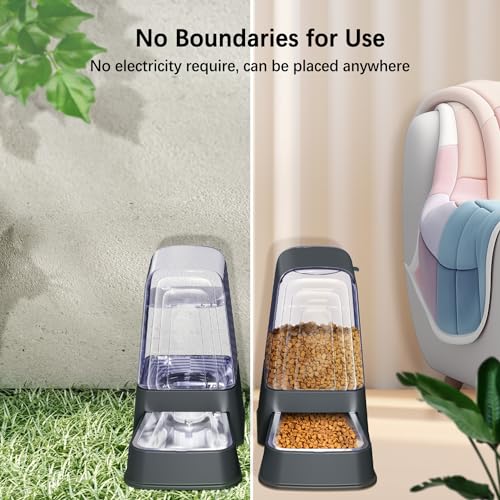 Automatic Dog and Cat Food Feeder and Water Dispenser Set with Stainless Steel Bowls,Gravity Pet Food and Water Feeders,100% BPA-Free,Large Capacity for Cats Dogs Pets… (5L Dark Gray) - color: 5L dark gray