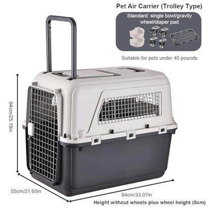 Large Travel Dog Crate Airline Approved, Hard-Sided Pet Kennel with Removable Wheels, for Large Dogs Car SUV Truck, Travel and Home (33.1" L x 21.6" W x 25.2" H)