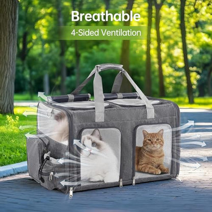 Cat Carrier for 2 Cats - Double Pet Carrier Extra Large, Dual Cabin Multi Cat Travel Carrier with Removable Divider, Collapsible, Can Hold 20 30 40 lbs for Two Small Kitten, a Medium Dog Gray - color: Gray