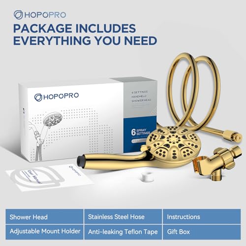 6-Mode High Pressure Handheld Shower Head Set, Consumer Reports Recommended HOPOPRO High Flow Hand Held Showerhead with 59 Inch Hose Bracket Teflon Tape Rubber Washers - color: Gold, style: 6 Modes