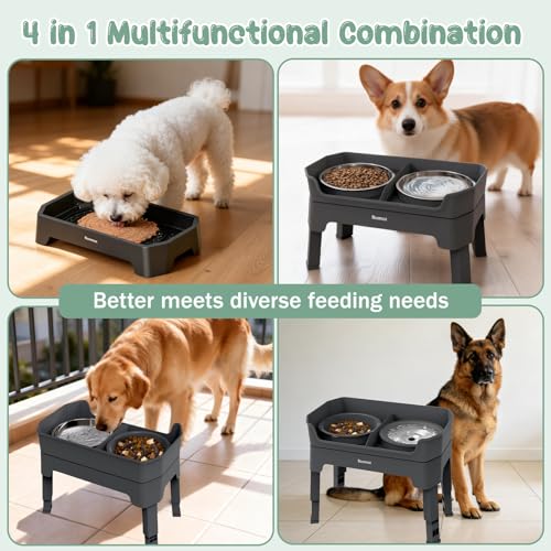 4 in 1 Adjustable Elevated Dog Bowls with 2*Stainless Steel Bowls, Anti-Spill Water Bowl, 4 Heights Raised Dog Bowl Stand for Small to Medium & Growing Large Puppies, Anti-Slip, Mess Proof Design - color: Gray