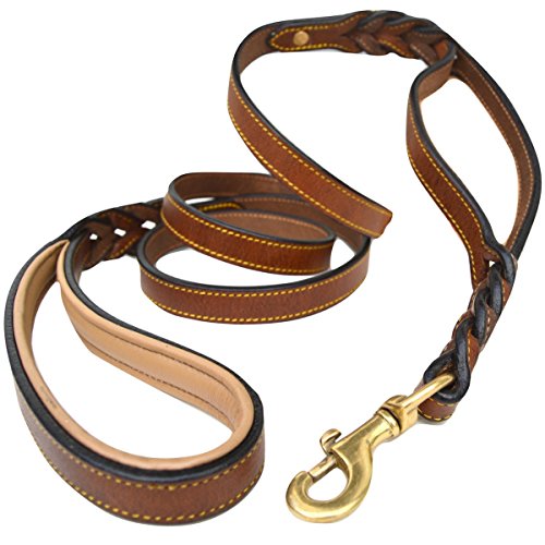 6 Foot Braided Leather Dog Leash with Traffic Handle, Two Handles for Training and Safety, Double Your Control with 2 Locations, Lead for Large and Medium Dogs Brown 6ft x 3/4 Inch - color: Brown