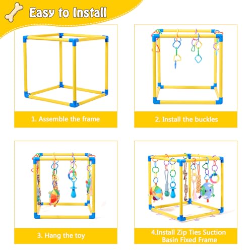 Puppy Play Gym with 8 Hanging Toys, Small Dogs Indoor Jungle Playground, PVC Frame with Suction Cups Interactive Enrichment Activity Center