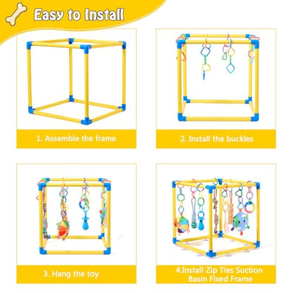 Puppy Play Gym with 8 Hanging Toys, Small Dogs Indoor Jungle Playground, PVC Frame with Suction Cups Interactive Enrichment Activity Center