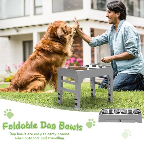 Elevated Raised Dog Bowl Stand with 2 Stainless Steel Bowls, Adjustable Height for Medium Large Dogs, 12.36" - 3.7" Foldable Feeder, Grey - color: Grey, size: Medium dogs