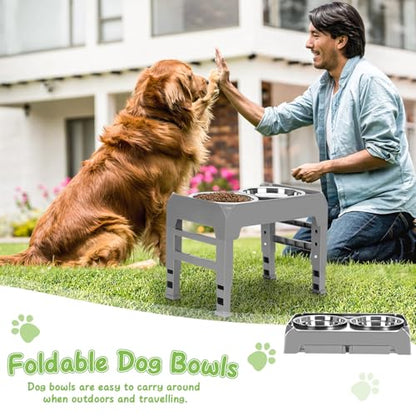 Elevated Raised Dog Bowl Stand with 2 Stainless Steel Bowls, Adjustable Height for Medium Large Dogs, 12.36" - 3.7" Foldable Feeder, Grey - color: Grey, size: Medium dogs
