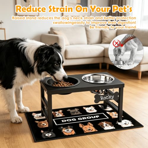 ADENGL 10" Elevated Dog Bowls – Metal Raised Dog Bowl Stand with 2 x 1700ml Stainless Steel Bowls, 1 Slow Feeder & Non-Slip Mat for Dogs - color: Black-L, Slow Feeder, size: Height:10inch