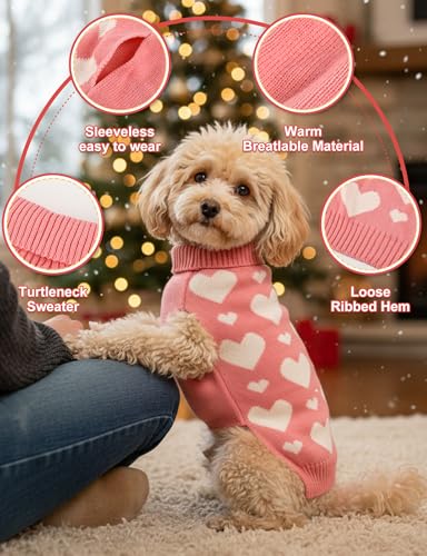 Dog Sweaters for Small Medium Large Dogs Cats,Turtleneck Cute Pattern Warm Soft Pet Clothes Boy Girl Cable Knit Doggy Autumn Coats Winter Puppy Outfits Cold Weather Jackets - color: Pink Heart, size: Small
