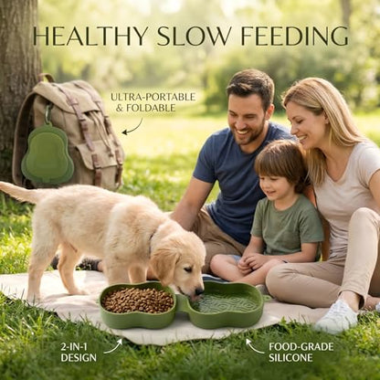 Collapsible Dog Travel Bowl with Lid, Portable Slow Feeder & Lick Mat Combo, Mess-Free Clamshell Silicone Water Dish for Hiking (Green) - color: green