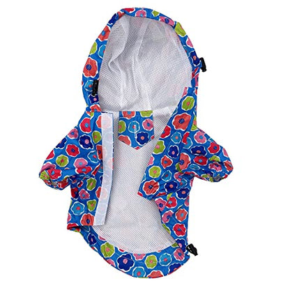 Dog Raincoat Hooded Leash Hole Waterproof Rain Coat Jacket Rainwear for Small Pet Cat Puppy (M: Length - 14", Blue Flowers) - color: Blue Flowers, size: M: Chest - 16", Length - 14"