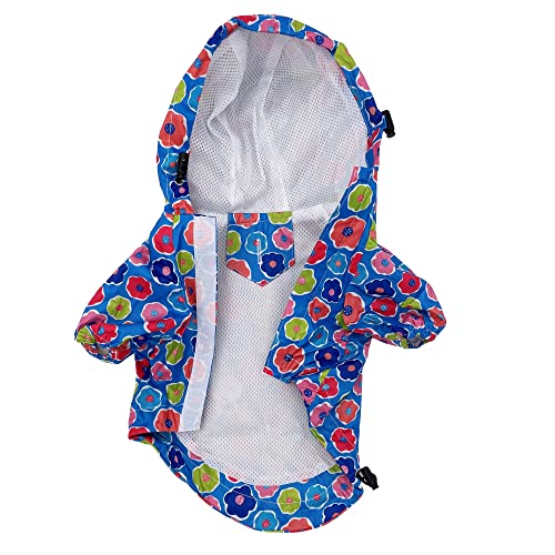 Dog Raincoat Hooded Leash Hole Waterproof Rain Coat Jacket Rainwear for Small Pet Cat Puppy (S: Length - 12", Blue Flowers) - color: Blue Flowers, size: S: Chest - 15", Length - 12"