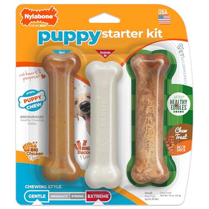 Nylabone New Puppy Starter Kit, 2 Chew Toys and 1 Natural Treat for Puppies, Puppy Teething Toy, Bacon & Chicken Flavor, Small Dogs - Up to 25 lbs., 3 Pack - size: Small